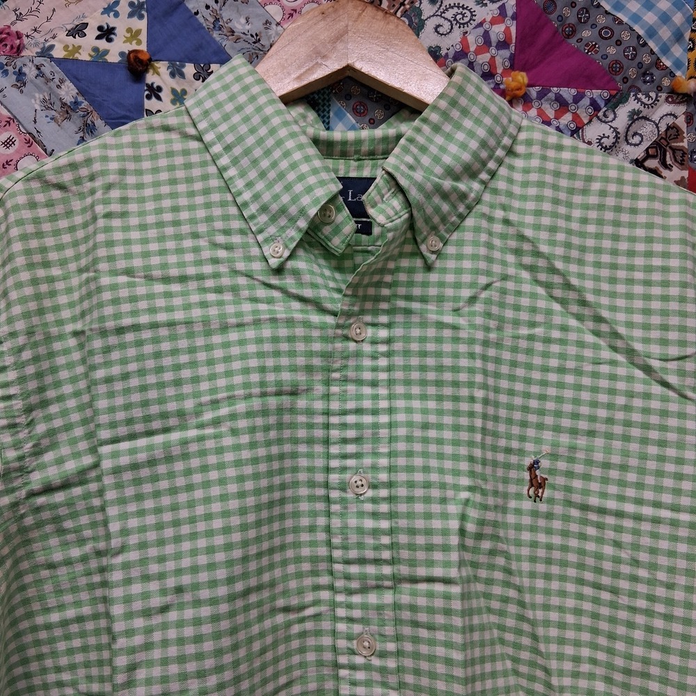 Ralph Lauren Custom Fit Gingham Check Plaid Button Down Shirt Size Large Green
